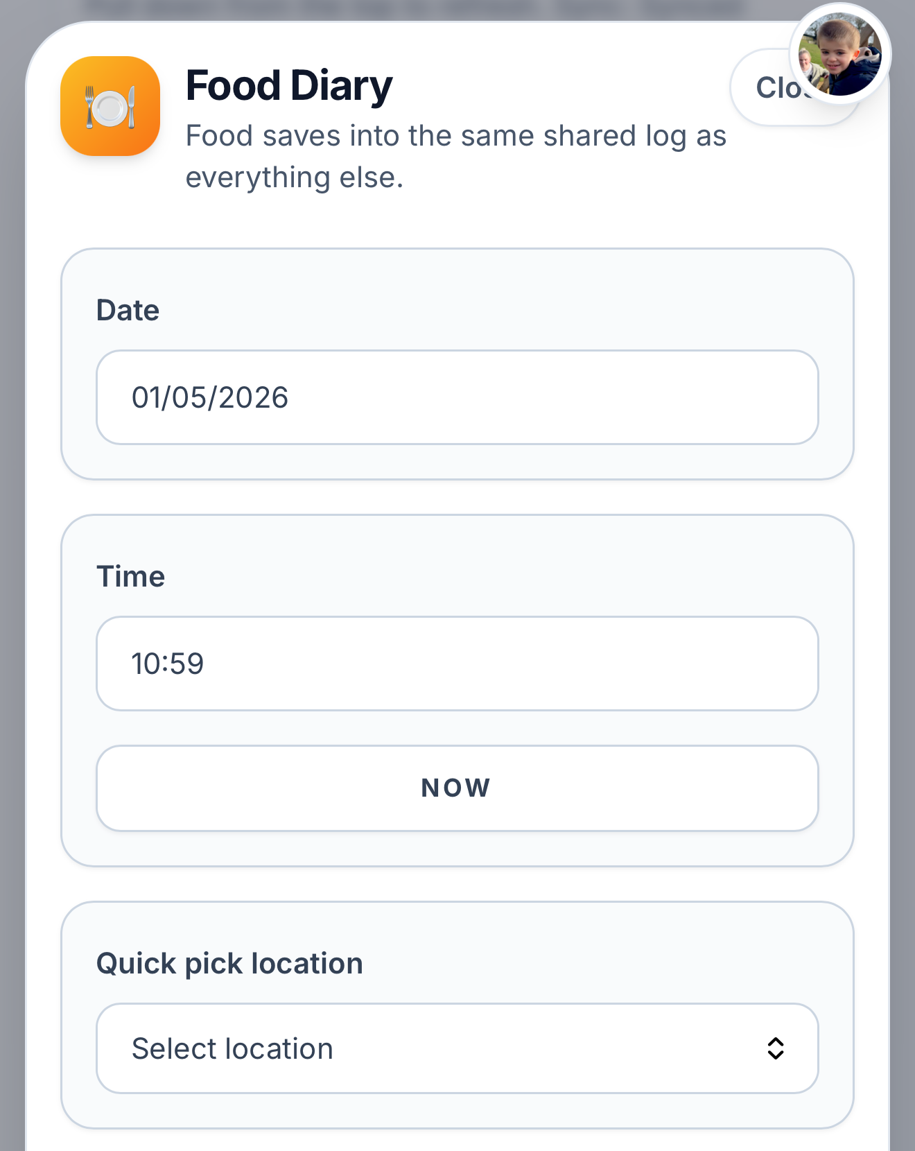 FamilyTrack food and drink logging screen for recording daily care details