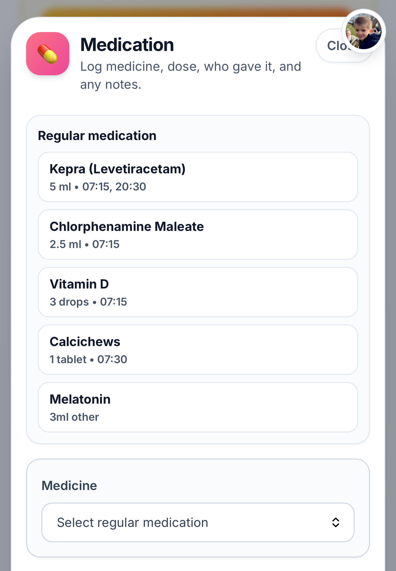 FamilyTrack medication log screen with medicine, dose, time and notes
